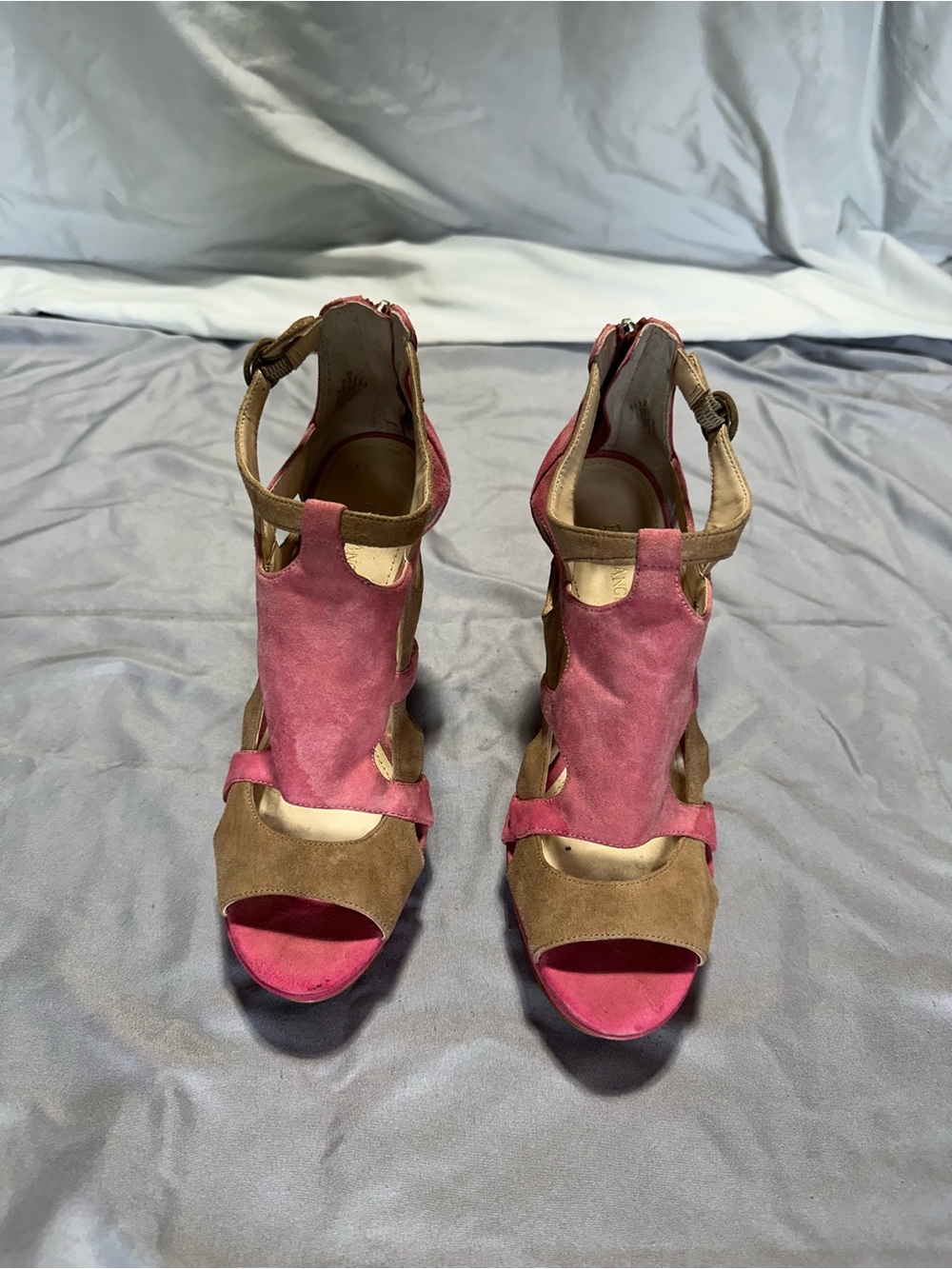 Enzo Angiolini Two-Tone Pink and Brown Suede Cutout Heels